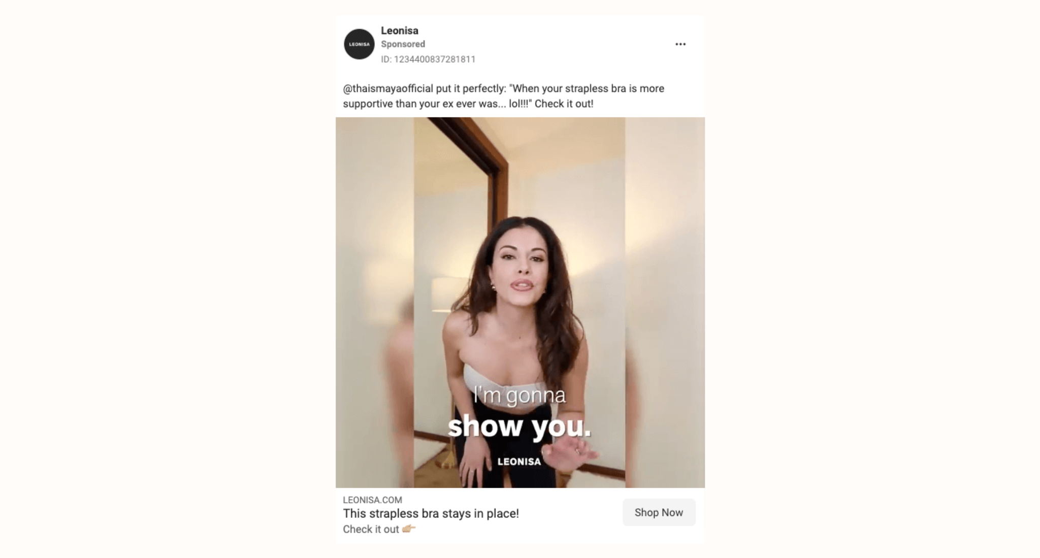 Image of a light-skinned person with long dark hair wearing a beige bra and black pants. They’re leaning forward with one hand on their leg. Overlaid on top is text that read, “I’m gonna show you.”
